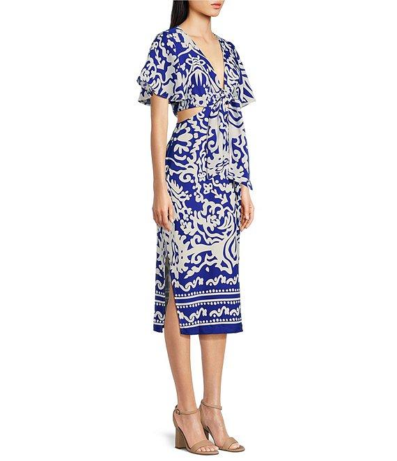 Sugarlips Joelle Mixed Print V-Neck Short Sleeve Front Tie Midi Dress Product Image