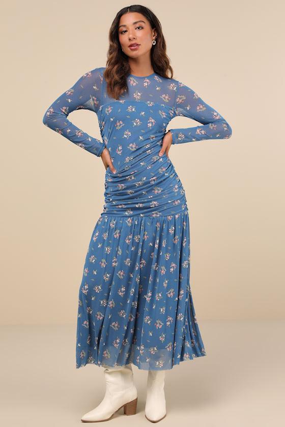 Easy Delight Blue Floral Drop Waist Maxi Dress Product Image