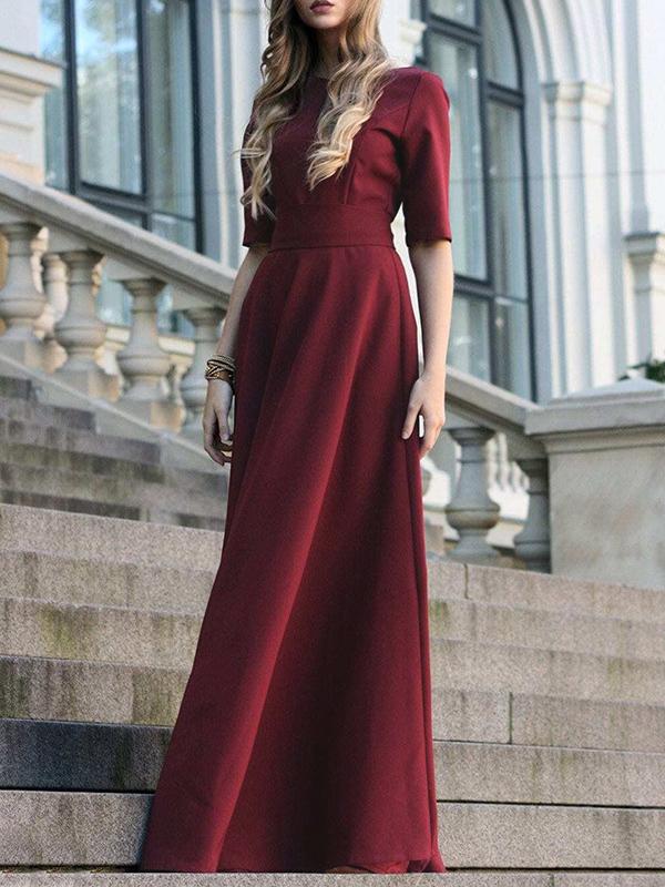 Half Sleeves High Waisted Solid Color Tied Waist V-Neck Maxi Dresses Product Image
