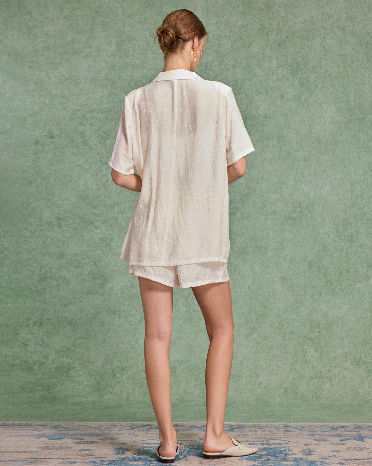 White Textured Blouse Shorts Two-Piece Set Product Image