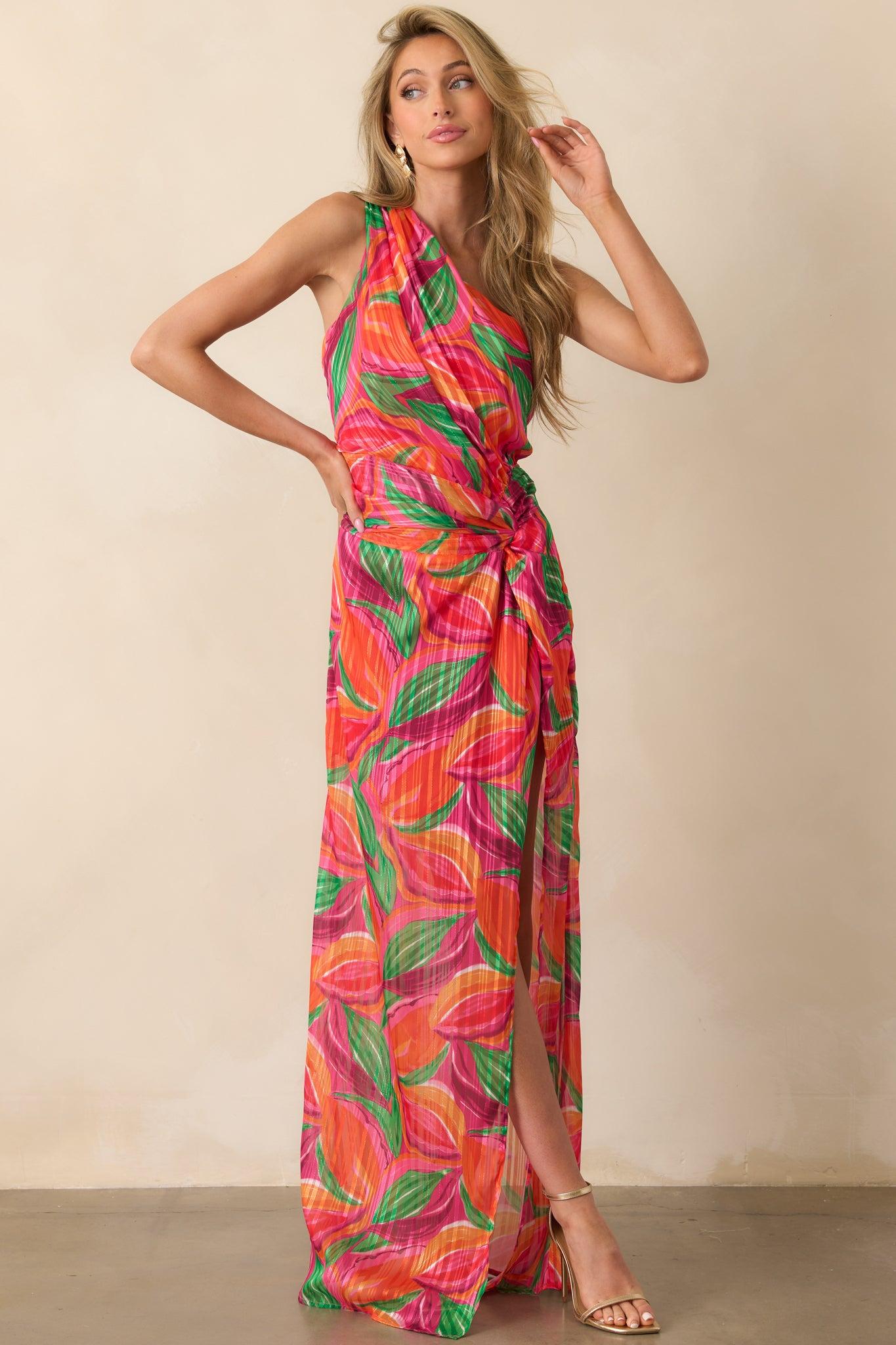 Shining Brighter Orange Multi Floral Print One Shoulder Maxi Dress Product Image