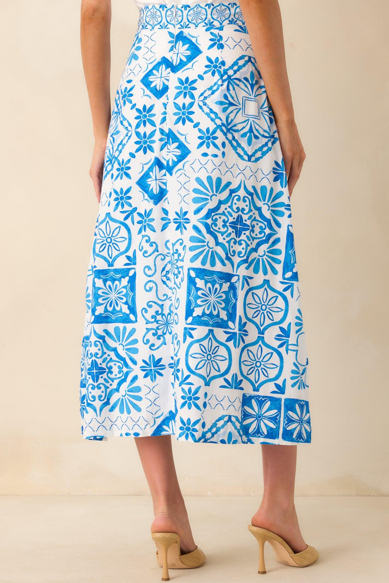 Prosperina Hemingway Blue Tile Print Cotton Midi Skirt Product Image