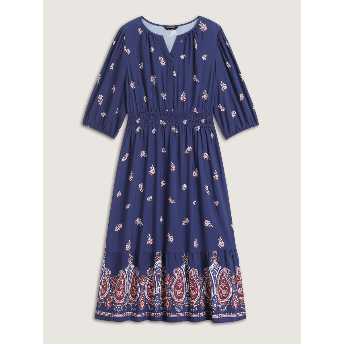 Plus Size Paisley Print Shirred Waist Midi Dress DarkBlue Women Boho Flat collar with V-notch Elbow-length sleeve Curvy BloomChic 18-20/2X Product Image