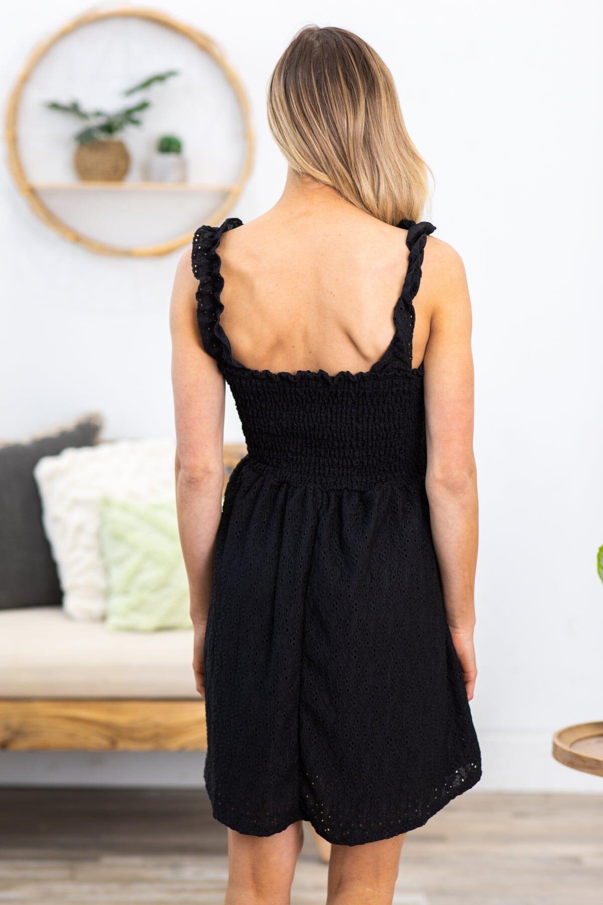 Black Smocked Bodice Ruched Strap Dress Product Image