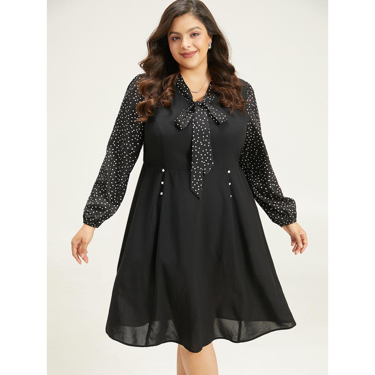 Plus Size Polka Dot Ties Pocket Button Detail Dress Black Women Office Elastic cuffs Tie Neck Long Sleeve Curvy Knee Dress BloomChic 14-16/1X Product Image