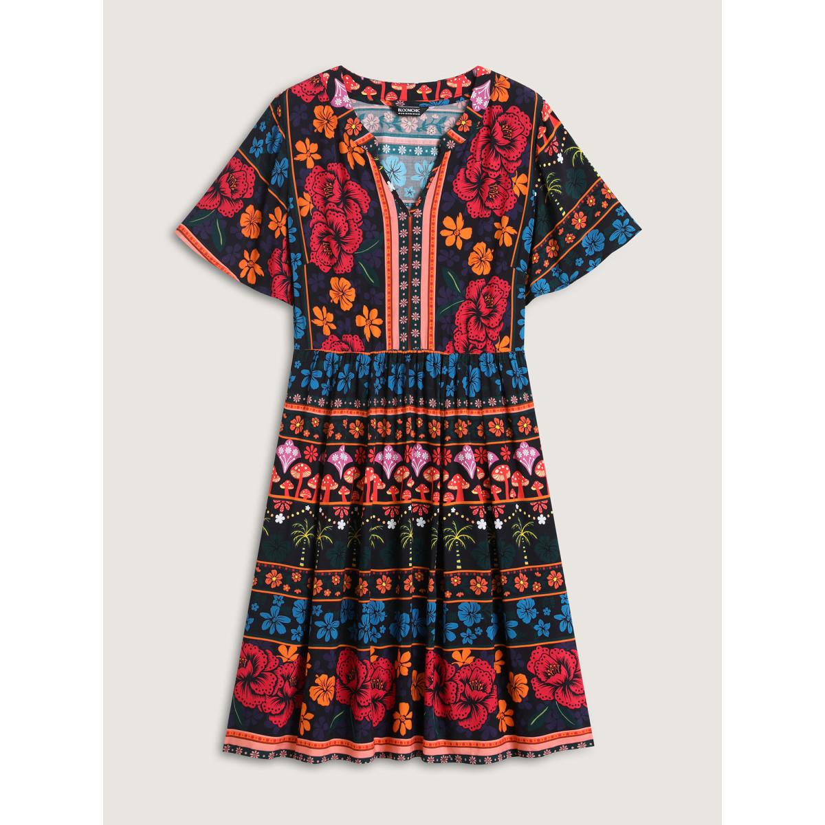 Plus Size Boho Floral Print Notched Collar Midi Dress Black Women Notched collar Short sleeve Curvy BloomChic 10/M Product Image