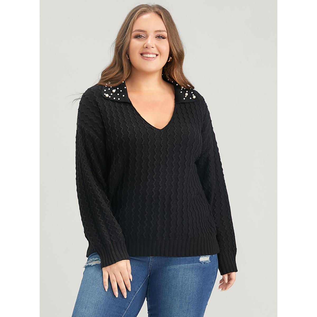 Plus Size Solid Pointelle Knit Pearls Beaded Collar Neck Knit Top Black Women Elegant Long Sleeve Lapel Collar Dailywear Pullovers BloomChic 10/M Product Image