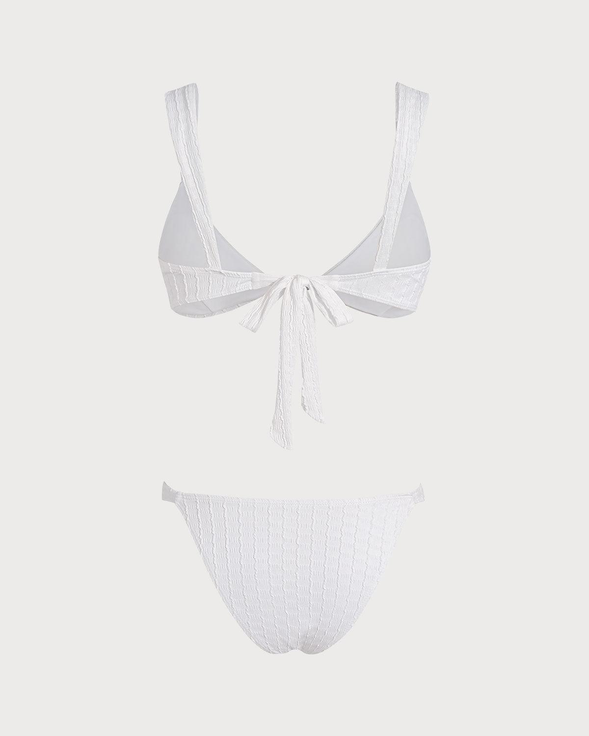 White V Neck Textured Bralette Bikini Set Product Image