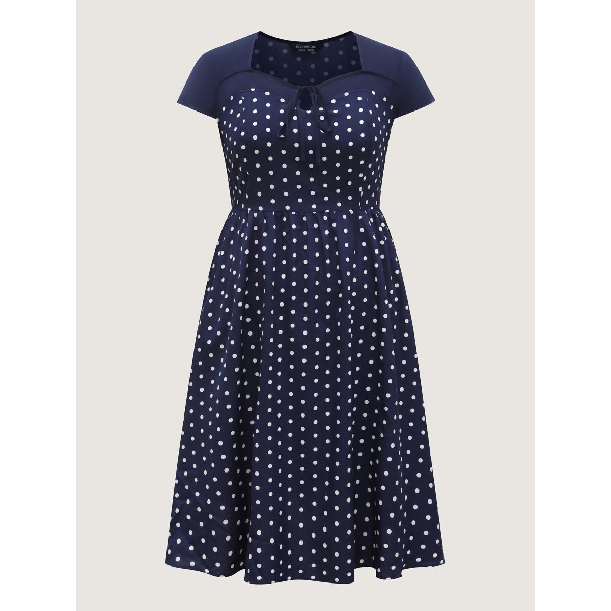 Plus Size Polka Dots Stretchy Waist Pockets Midi Dress Navy Women Retro Heart neckline Cap Sleeve Curvy BloomChic 30/6X Product Image