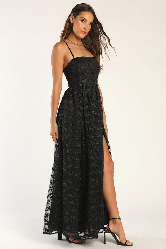 Pursuing Elegance Black Floral Embroidered Lace-Up Maxi Dress Product Image