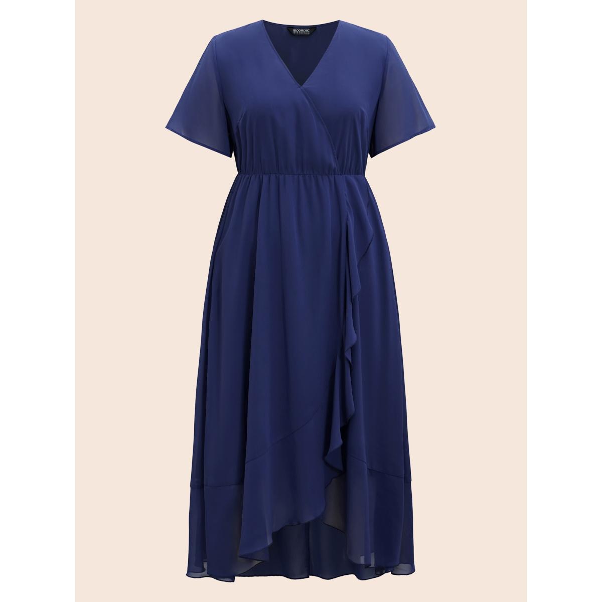 Plus Size Chiffon Overlap Collar Ruffle Sleeve Dress DarkBlue Women Formal See through Overlap Collar Short sleeve Curvy BloomChic 22-24/3X Product Image