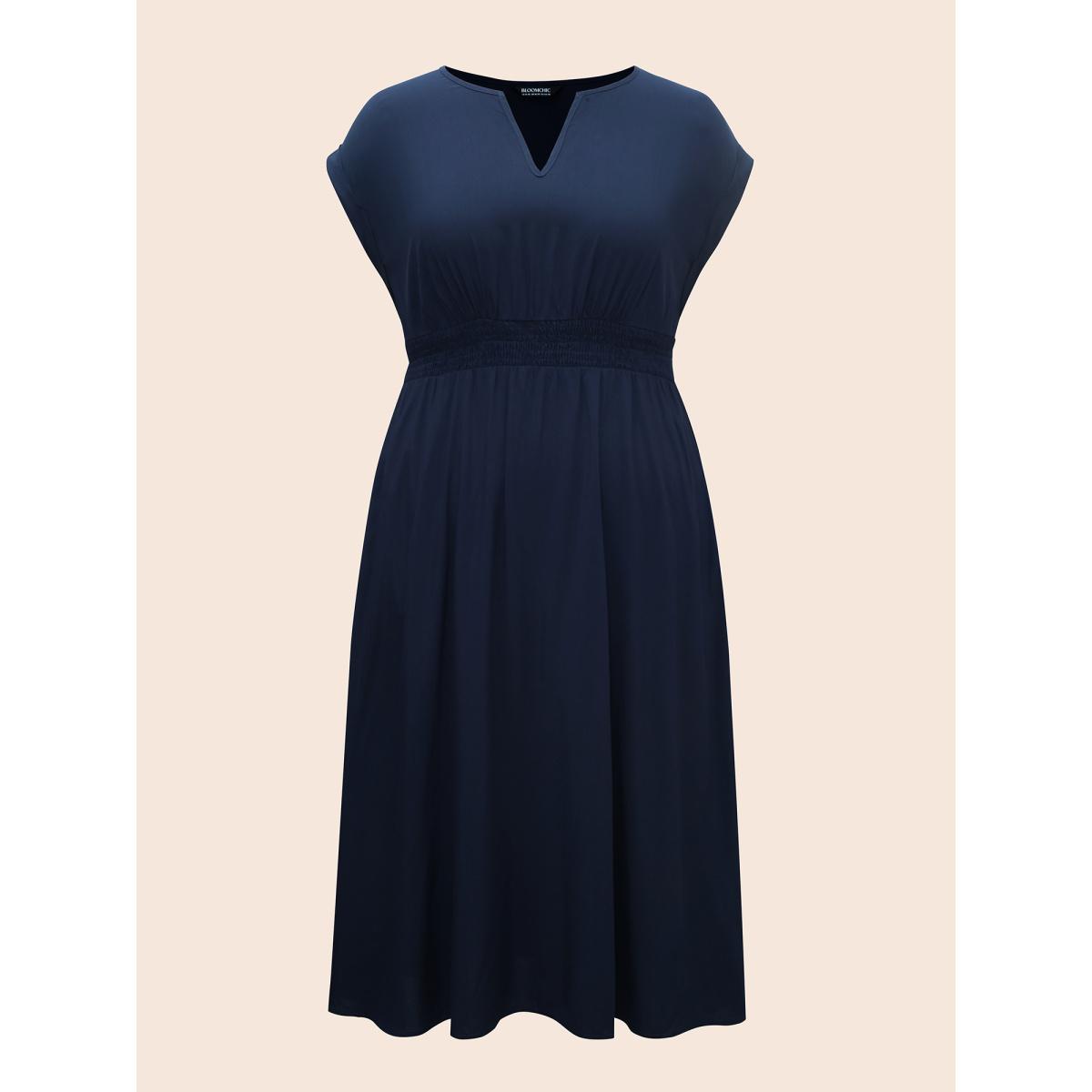 Plus Size Plain Shirred Cap Sleeve Midi Dress Indigo Women Elegant Shirred V-neck Cap Sleeve Curvy BloomChic 12/L Product Image