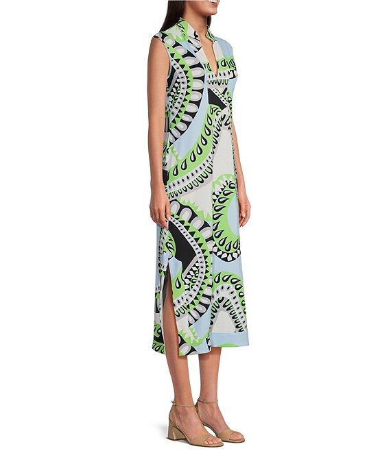Jude Connally Kristen Mod Kaleidoscope Pool Print Jude Cloth Stretch Knit Wrinkle-Free Split V-Neck Sleeveless A-Line Midi Dress Product Image
