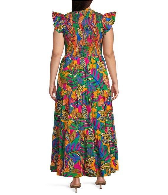 Sugarlips Plus Tropical Sunfire Flutter Sleeve Smocked Bodice Tiered Maxi Dress Product Image