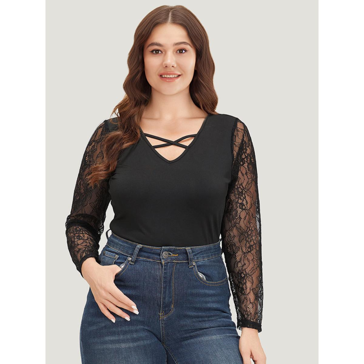 Plus Size Plain Lace Mesh Patchwork Crisscross Bodysuit Women Black Plain Patchwork Bodysuits BloomChic 28/5X Product Image