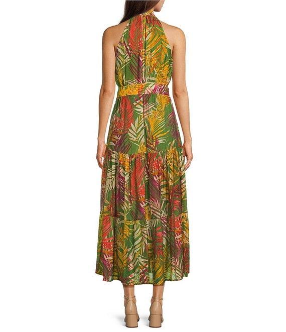 Anne Klein Halter Neck Sleeveless Tropical Print Chiffon Tiered Maxi Dress Product Image