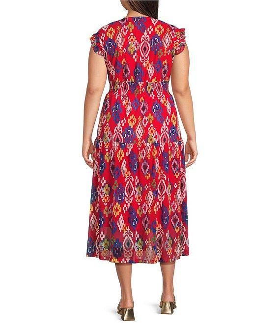Calessa Plus Size Mesh Knit Abstract Ikat Print V-Neck Cap Sleeve Midi Dress Product Image