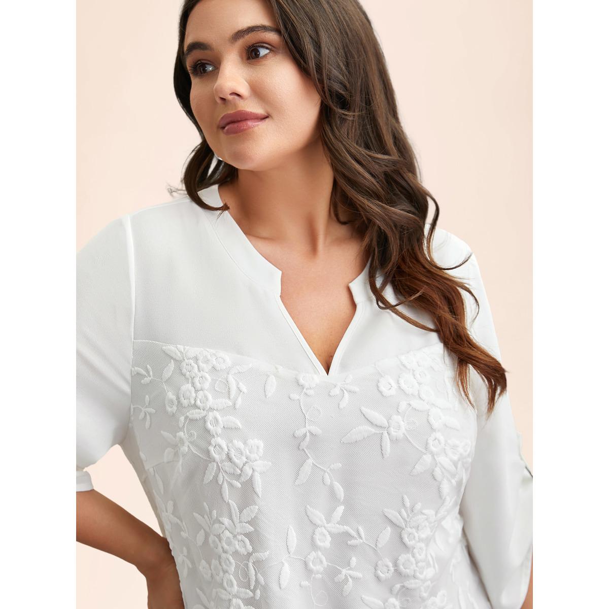 Plus Size WhiteSmoke Lace Patchwork Gathered Tab Sleeve Shirt Women Casual Elbow-length sleeve Notched collar Everyday Blouses BloomChic 30/6X Product Image