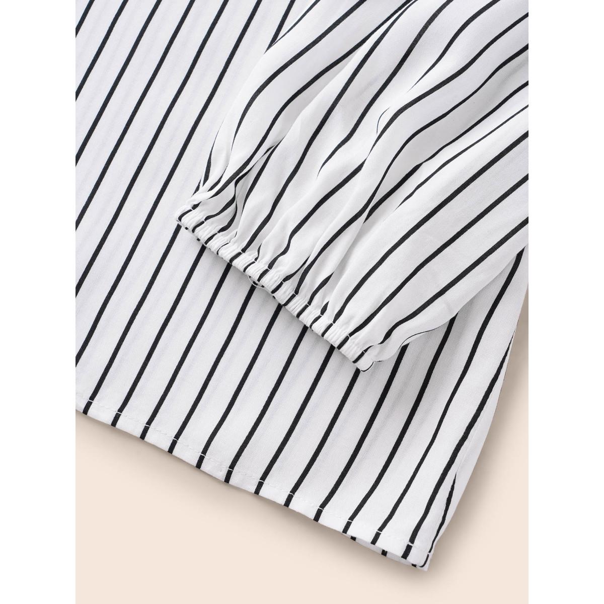 Plus Size WhiteSmoke Striped Lapel Collar Lantern Sleeve Blouse Women Workwear Essentials Long Sleeve V-neck Office Blouses BloomChic 14-16/1X Product Image