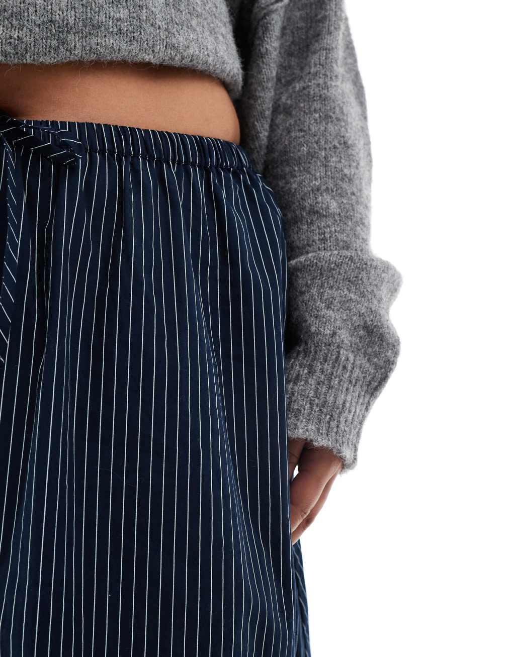 ASOS DESIGN Curve a line tie waist midi skirt in navy stripe Product Image