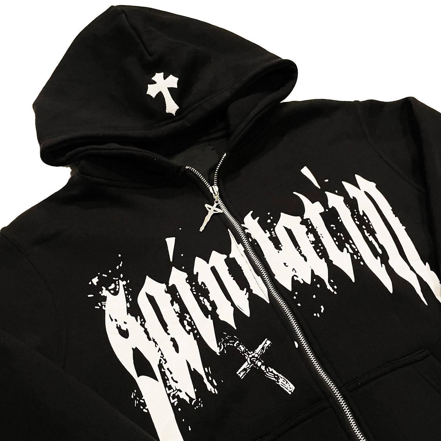 Men's Oversized Y2k Trendy Cross Graphic Zip-Up Hoodie Product Image