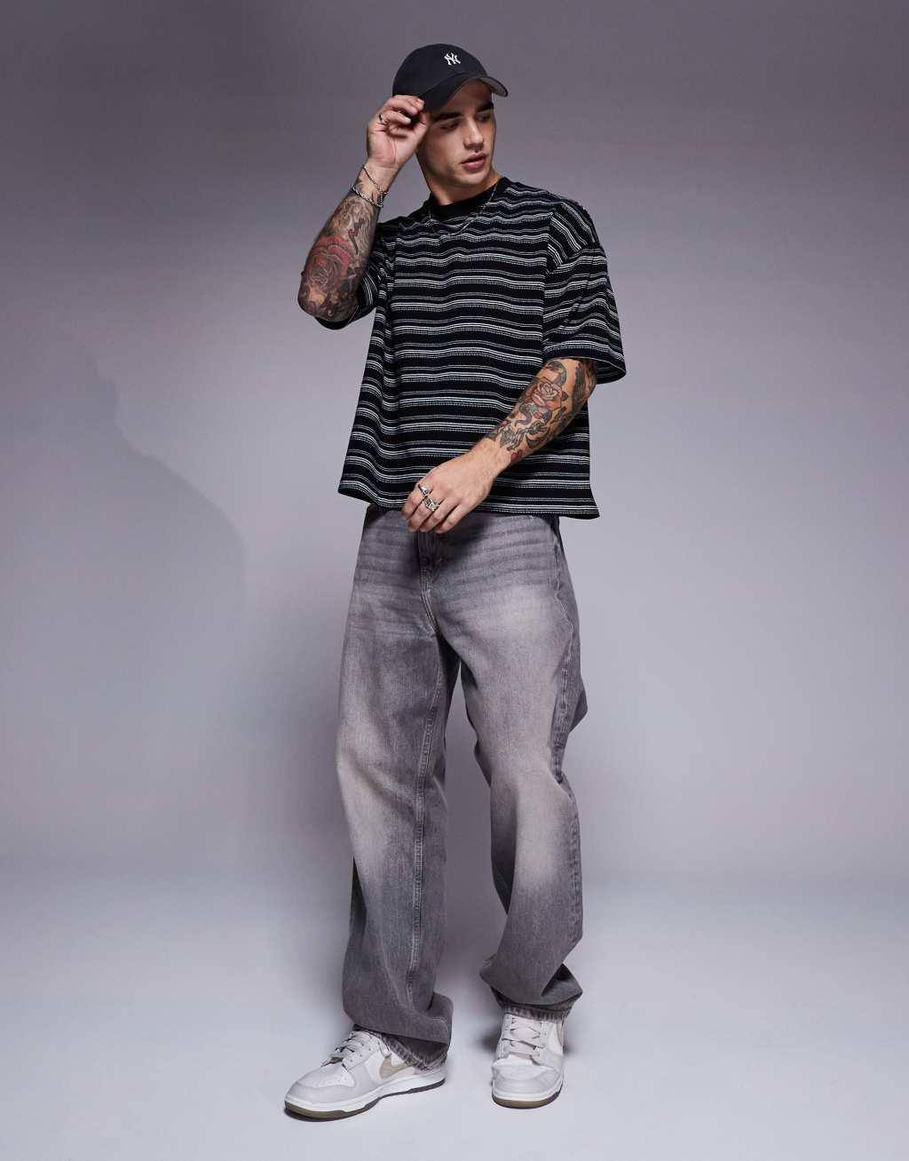 ASOS DESIGN oversized t-shirt in heavyweight 230gsm textured black stripe Product Image