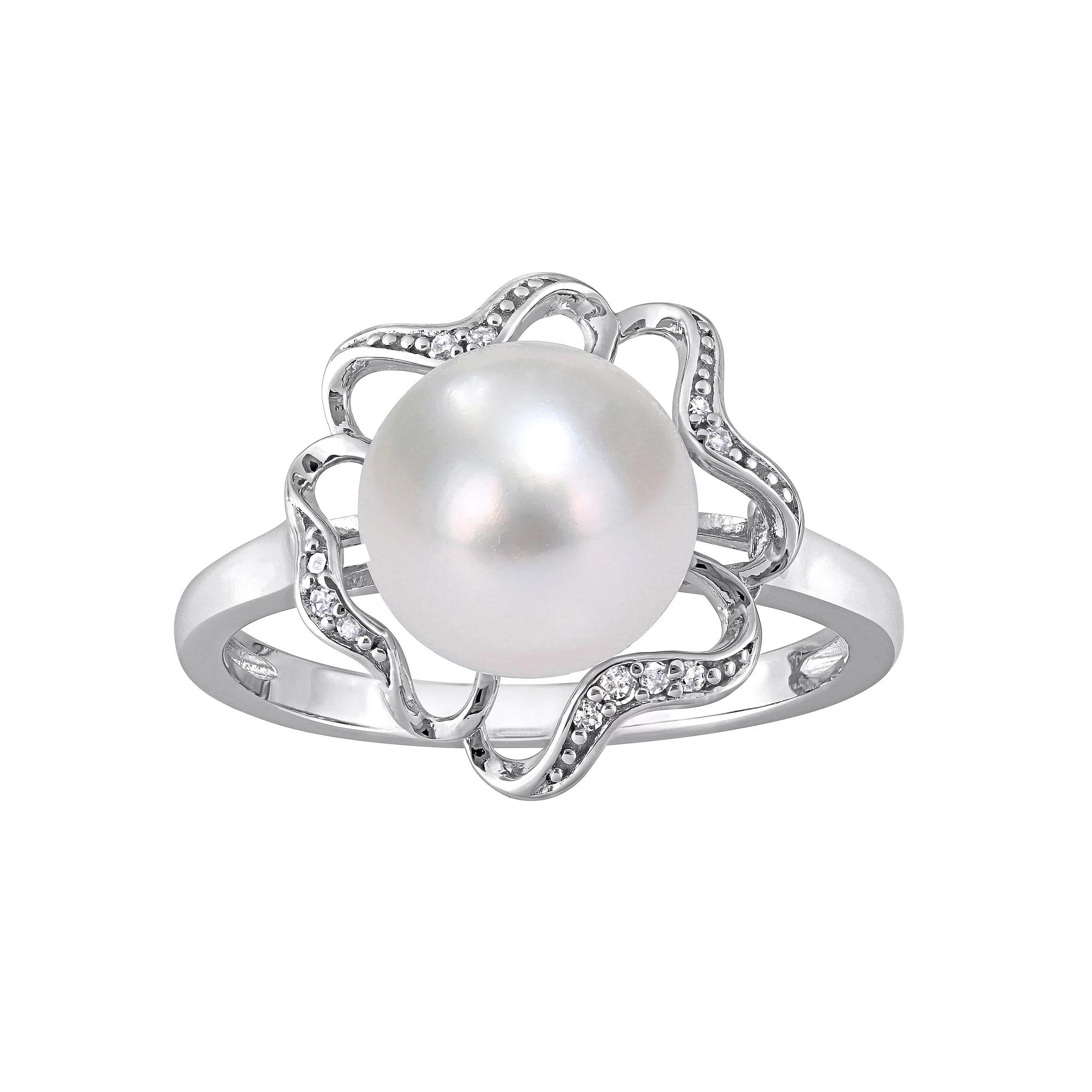 Stella Grace Sterling Silver Freshwater Cultured Pearl & Diamond Accent Flower Cocktail Ring, Women's, Size: 5 Product Image
