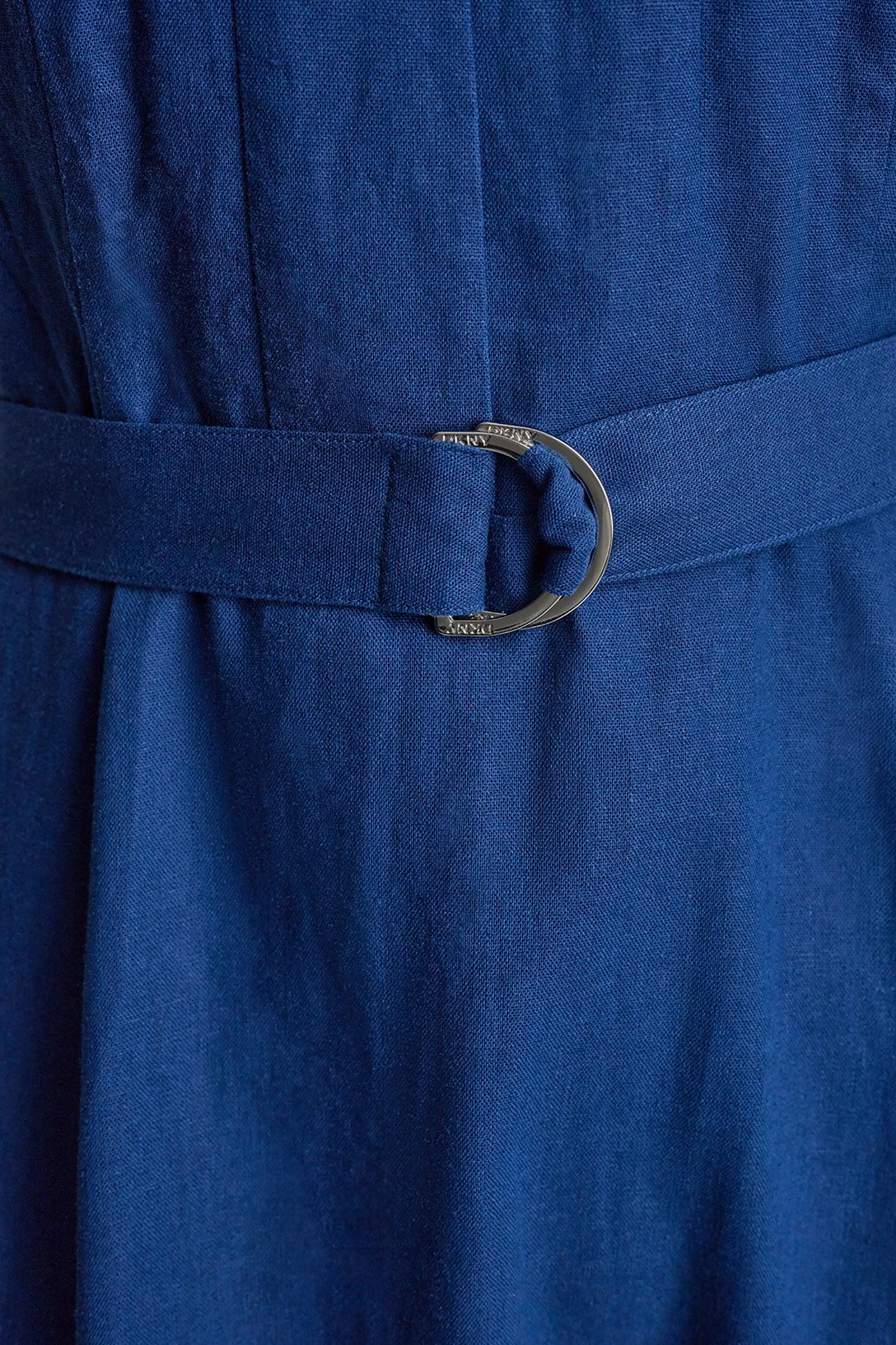 LINEN-BLEND BELTED MIDI DRESS Product Image