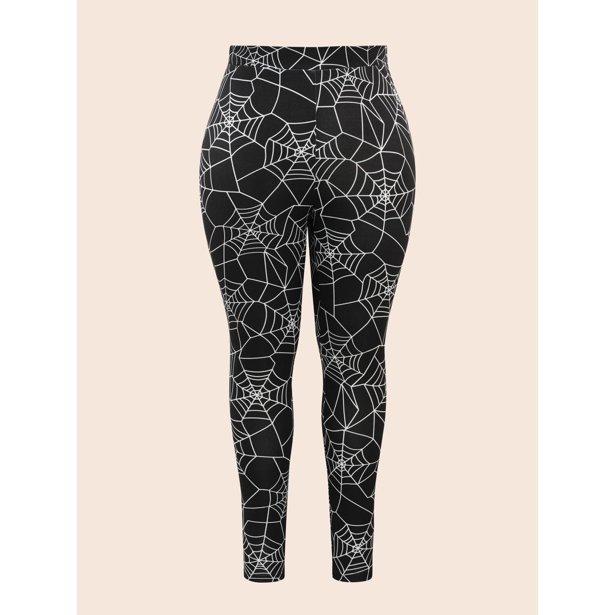 Plus Size Spider Web Printed Slim-Fit Pants Women Black Elegant High stretch Skinny Mid Rise Everyday Leggings BloomChic 12/L Product Image