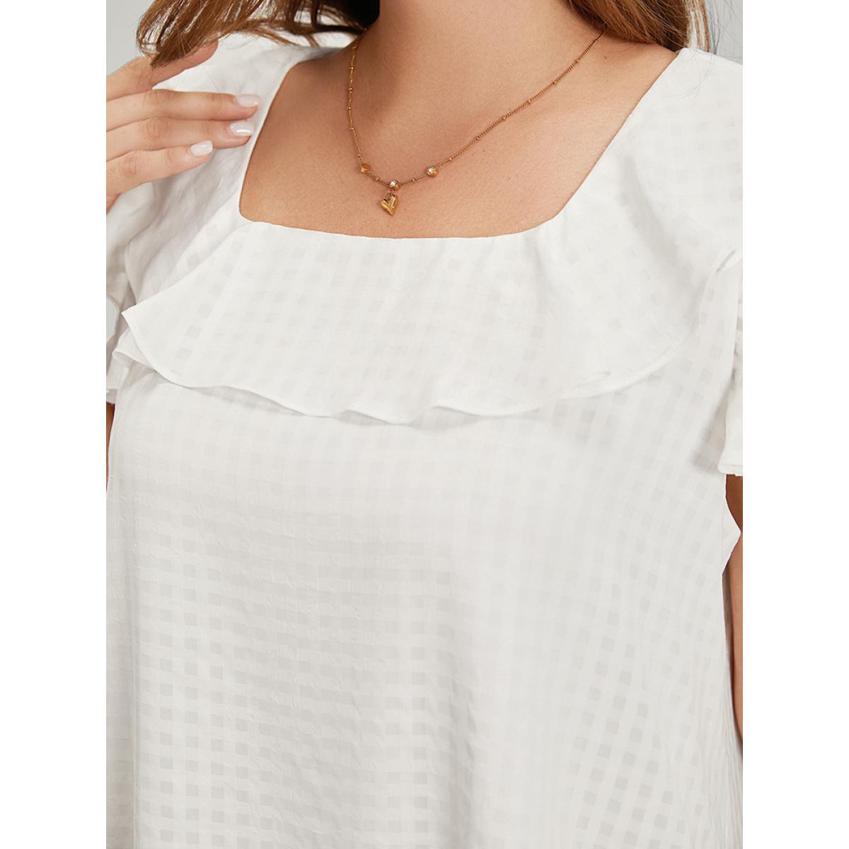 Plus Size Ivory Gingham Flutter Cap Sleeve Tiered Blouse Women Elegant Cap Sleeve Square Neck Dailywear Blouses BloomChic 30/6X Product Image