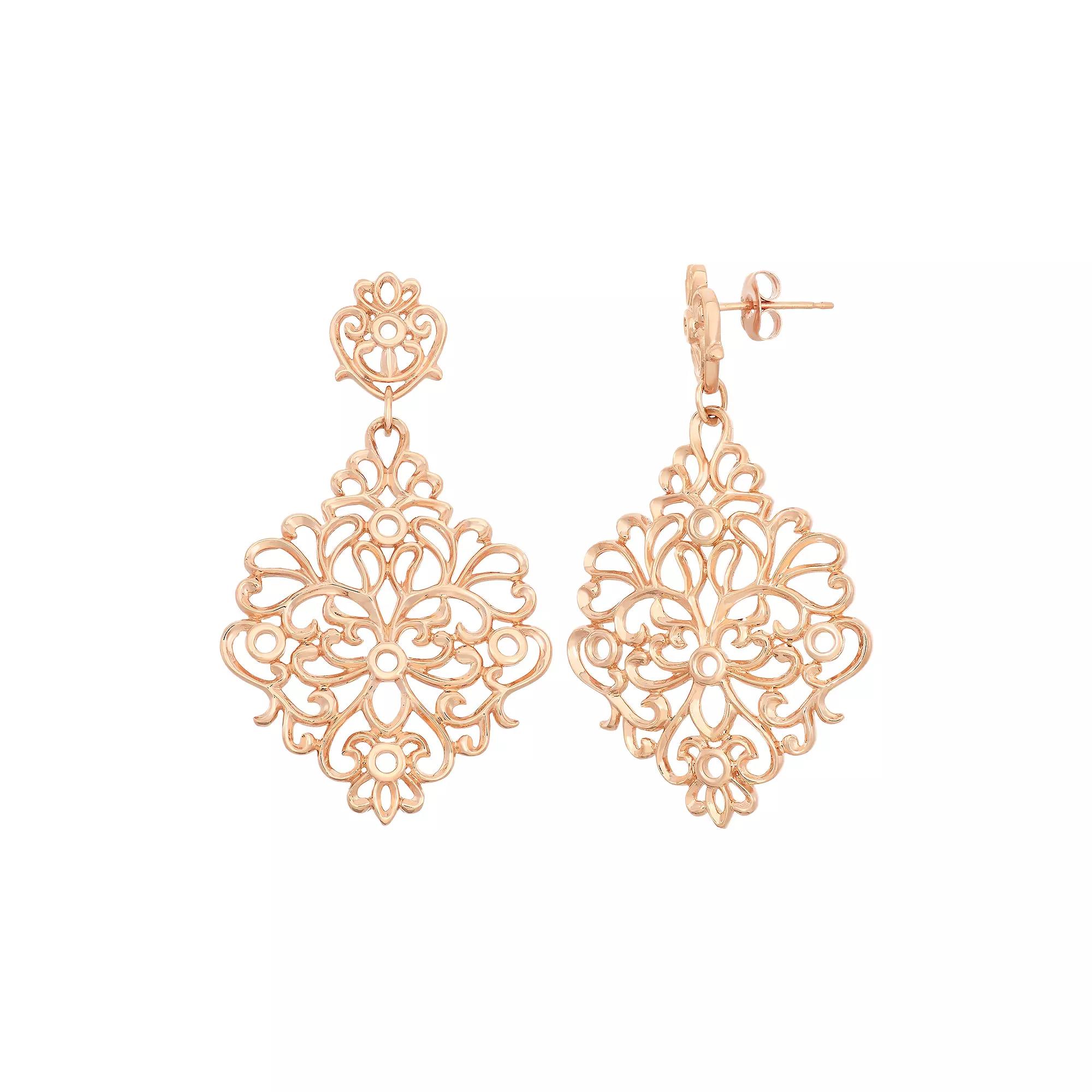 18k Rose Gold Over Silver Floral Filigree Drop Earrings, Women's, Pink Tone Product Image