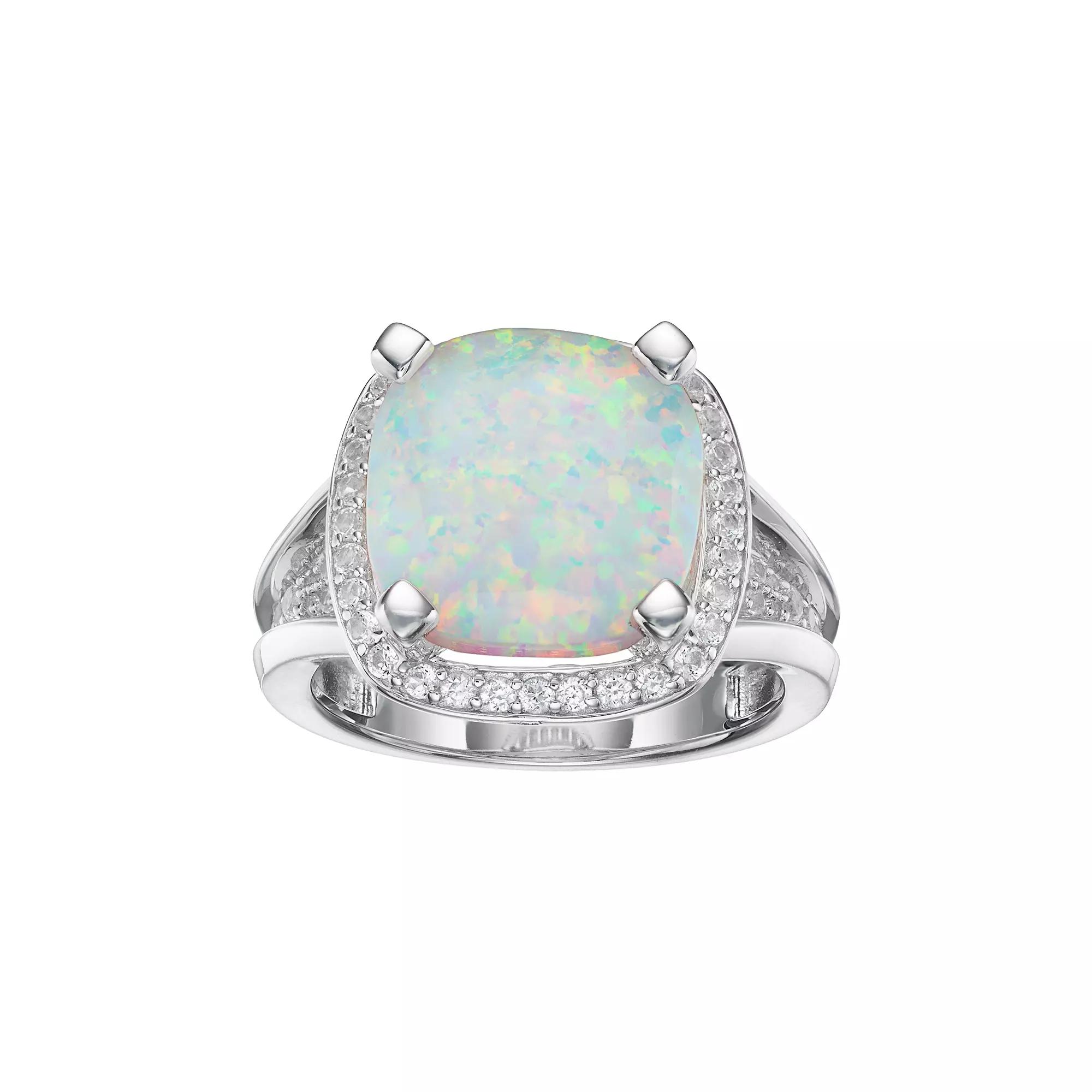 Sterling Silver Lab-Created White Opal & White Sapphire Halo Ring, Women's, Size: 6 Product Image