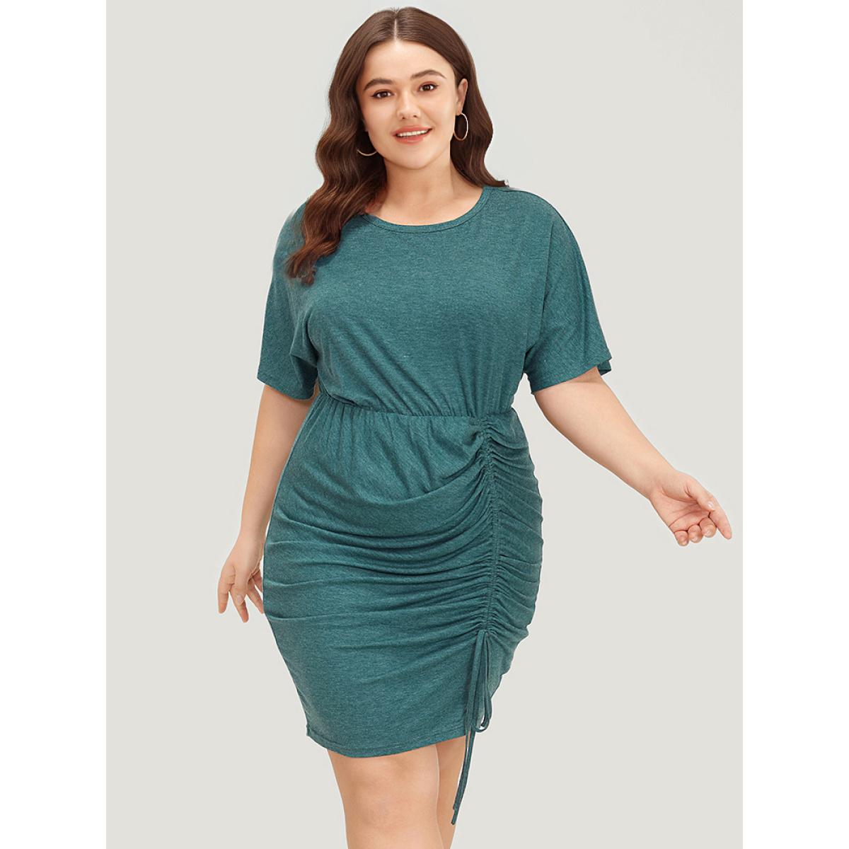 Plus Size Solid Ruched Drawstring Hem Bodycon Dress Cyan Women Elegant Ruched Round Neck Short sleeve Curvy Short Dress BloomChic 12/L Product Image
