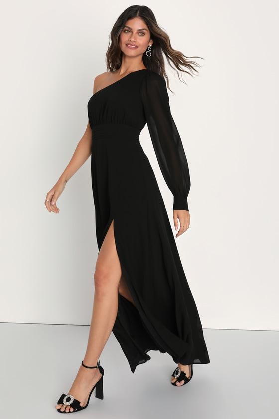 Graceful Elegance Black One-Shoulder Long Sleeve Maxi Dress Product Image