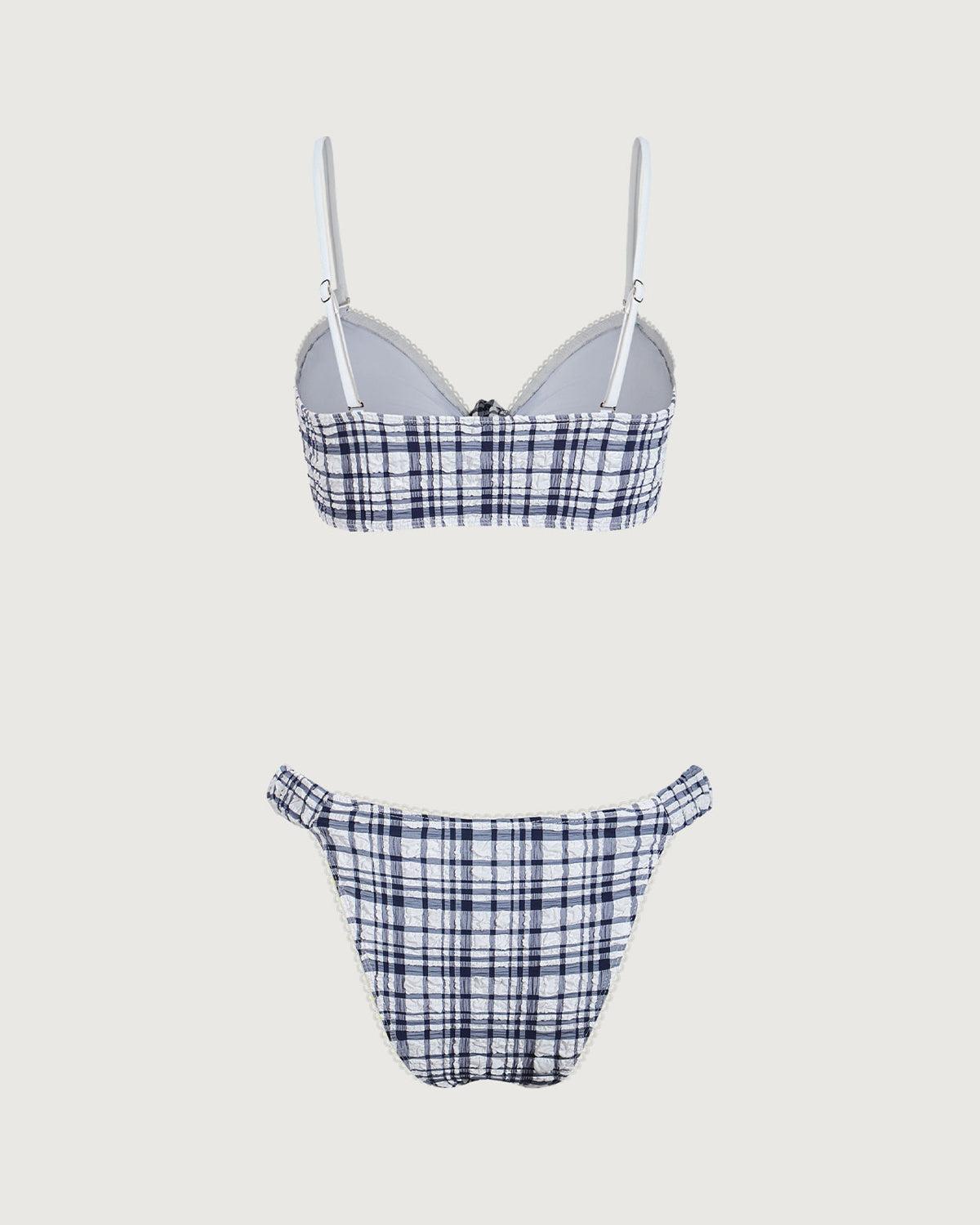 Blue Plaid Tie Front Bikini Set Product Image
