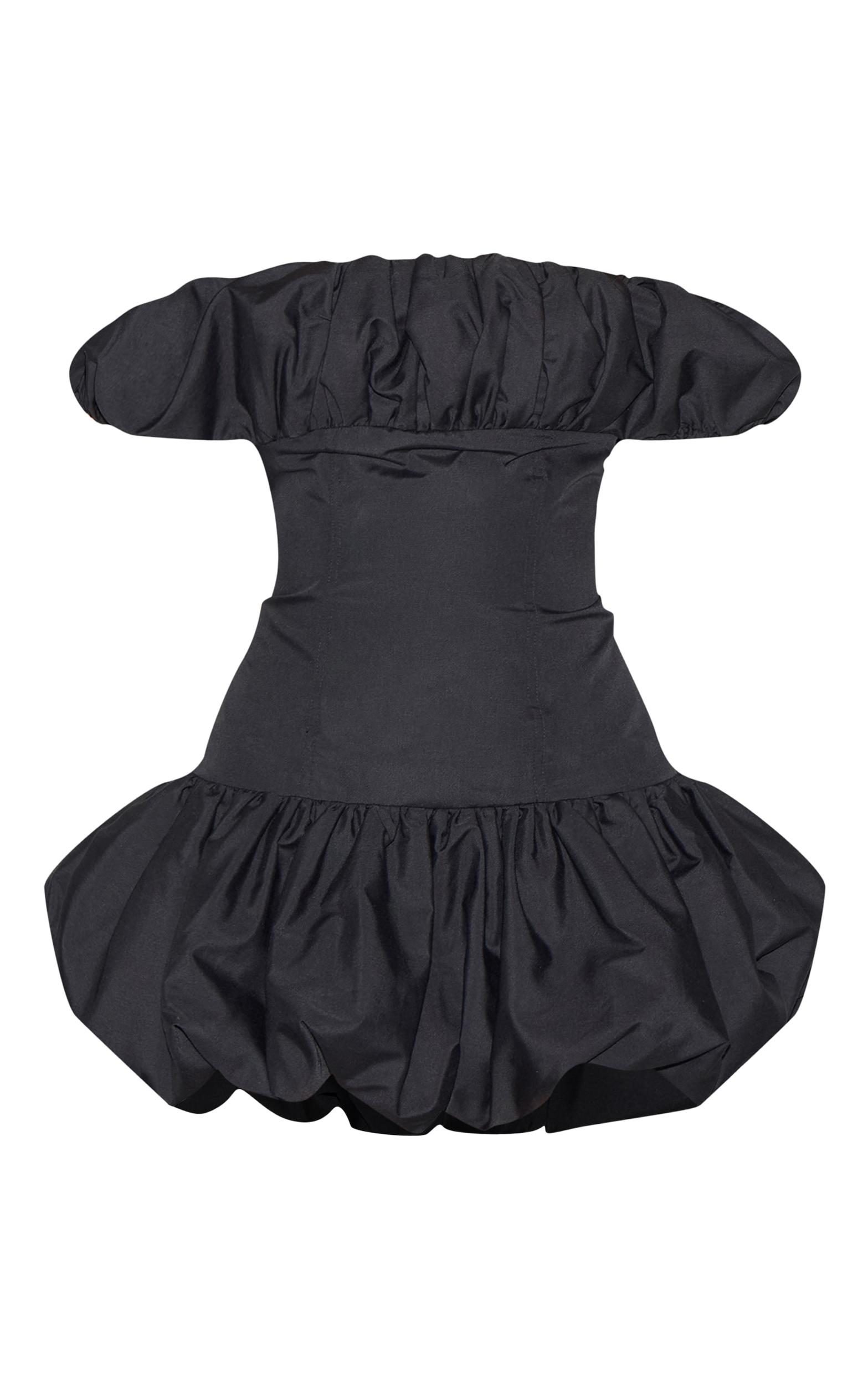 Black Ruched Bardot Puff Hem Bodycon Dress Product Image