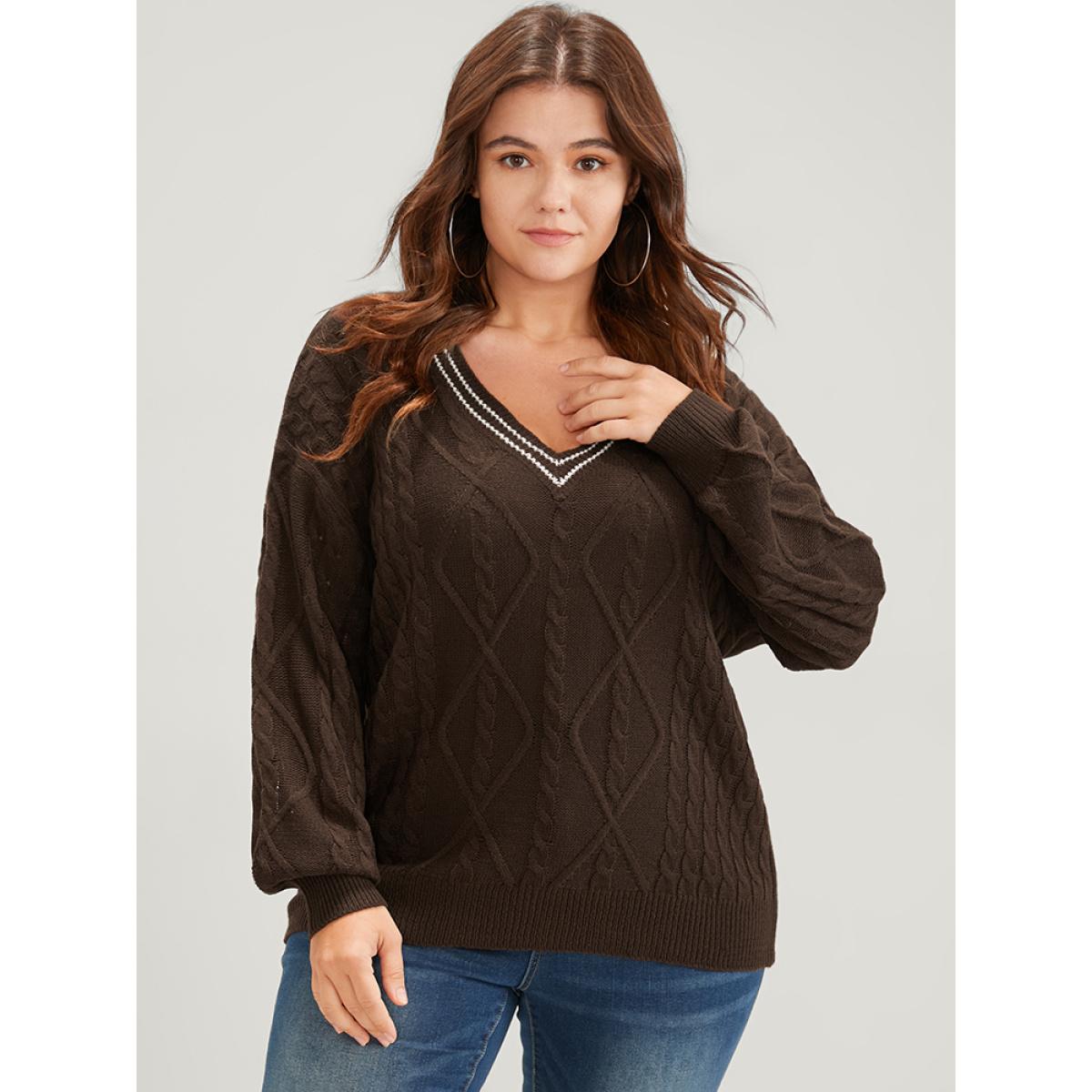 Plus Size Contrast Trim Pointelle Knit V Neck Lantern Sleeve Knit Top DarkBrown Women Elegant Long Sleeve V-neck Dailywear Pullovers BloomChic 12/L Product Image