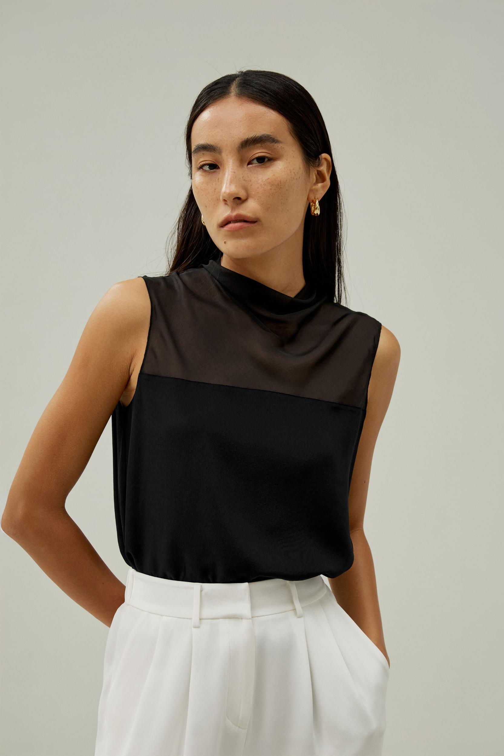 Cowl Half-High Neck Sleeveless Silk Top Product Image