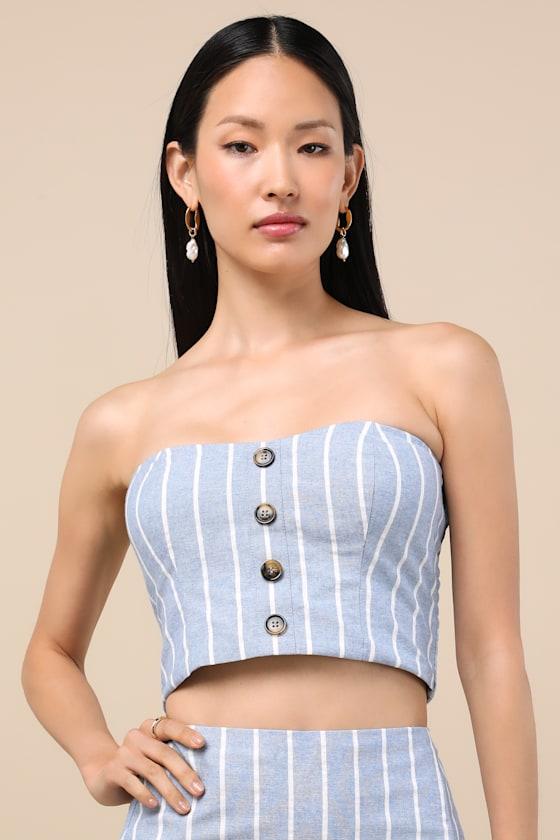 Solana Blue Striped Strapless Button-Front Top Product Image