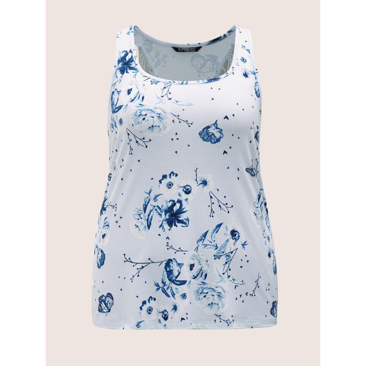 Plus Size Floral Print Lace Patchwork Pajama Sets Women Stone Floral Non Sleeveless Square Neck Lounge Loungewear Sets BloomChic 14-16/1X Product Image