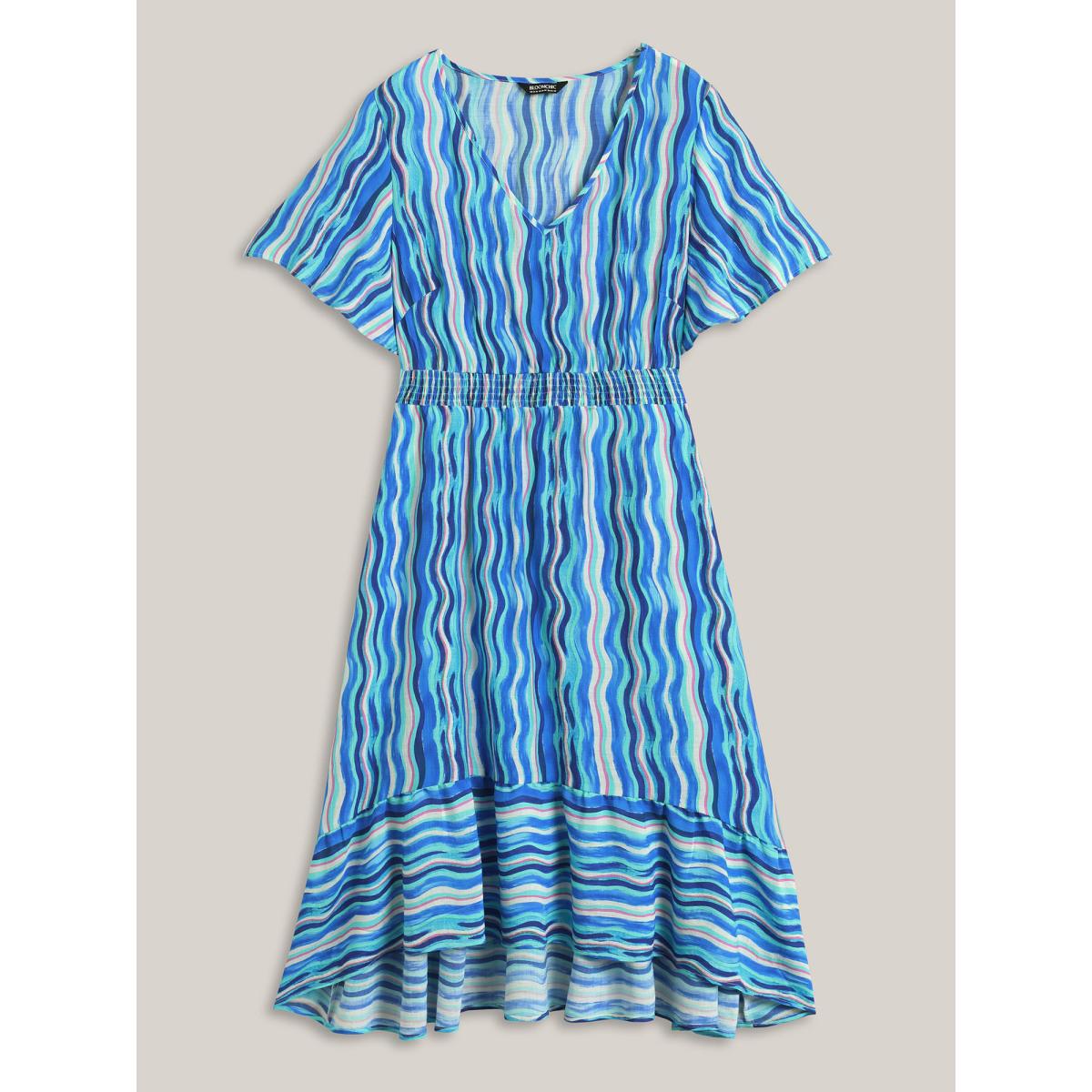 Plus Size Nautical Waves Shirred Waist Midi Dress Cerulean Women V-neck Short sleeve Curvy BloomChic 30/6X Product Image
