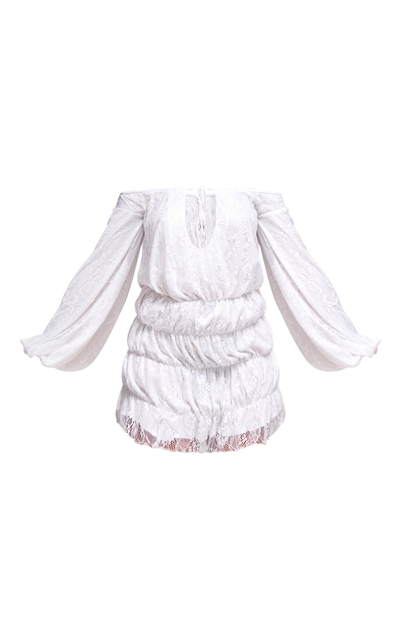 White Bardot Lined Lace Shirred Bodycon Dress Product Image
