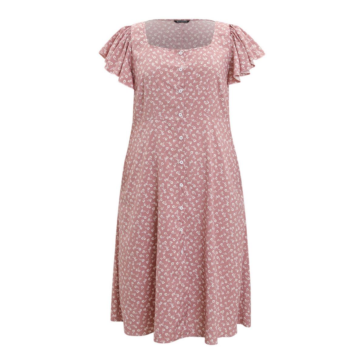 Plus Size Ditsy Floral Square Neck Ruffle Cap Sleeve Split Hem Dress Pink Women Elegant Button Square Neck Short sleeve Curvy Midi Dress BloomChic 28/5X Product Image