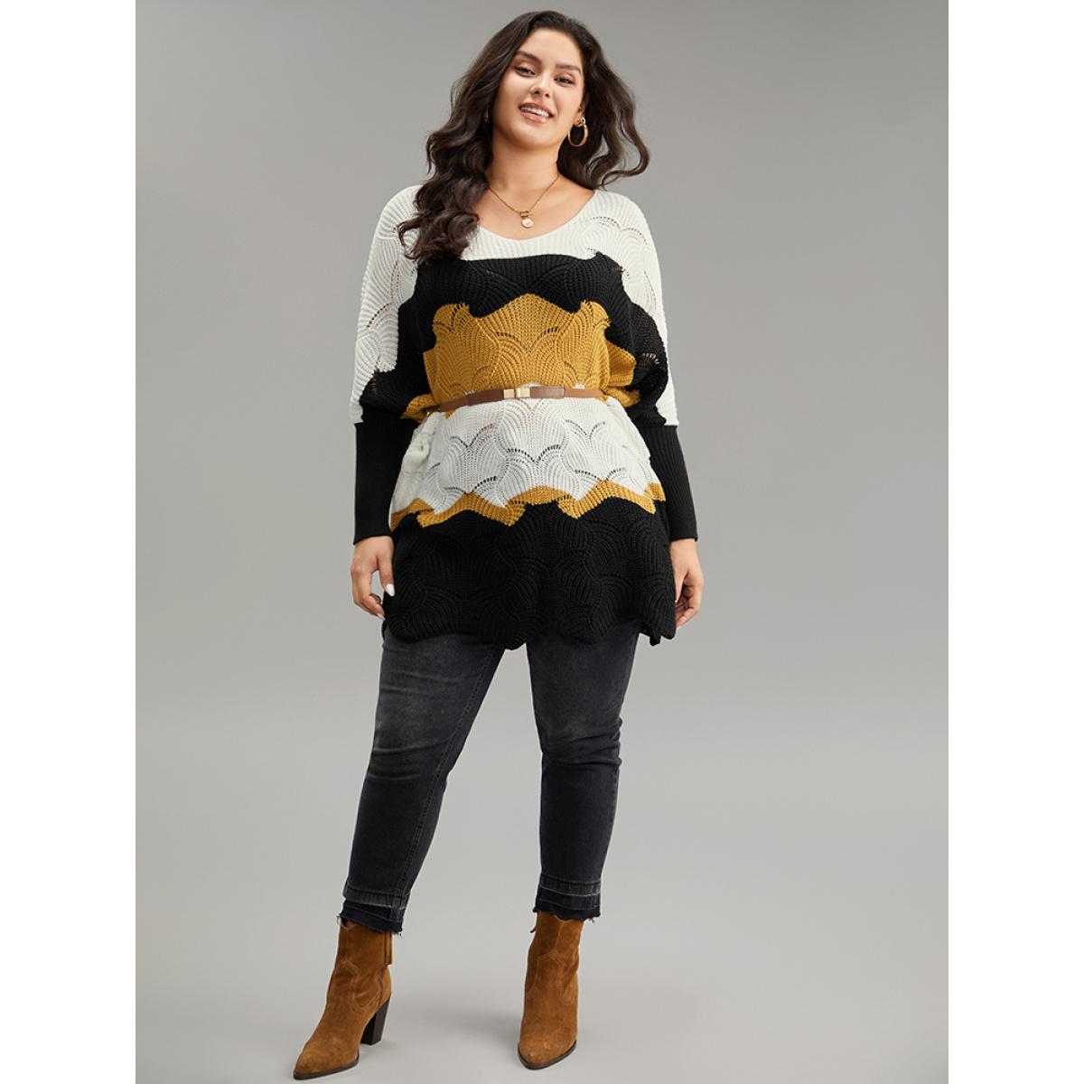 Plus Size Contrast Cut Out Batwing Sleeve Pullover Multicolor Women Casual Loose Long Sleeve V-neck Everyday Pullovers BloomChic 26/4X Product Image