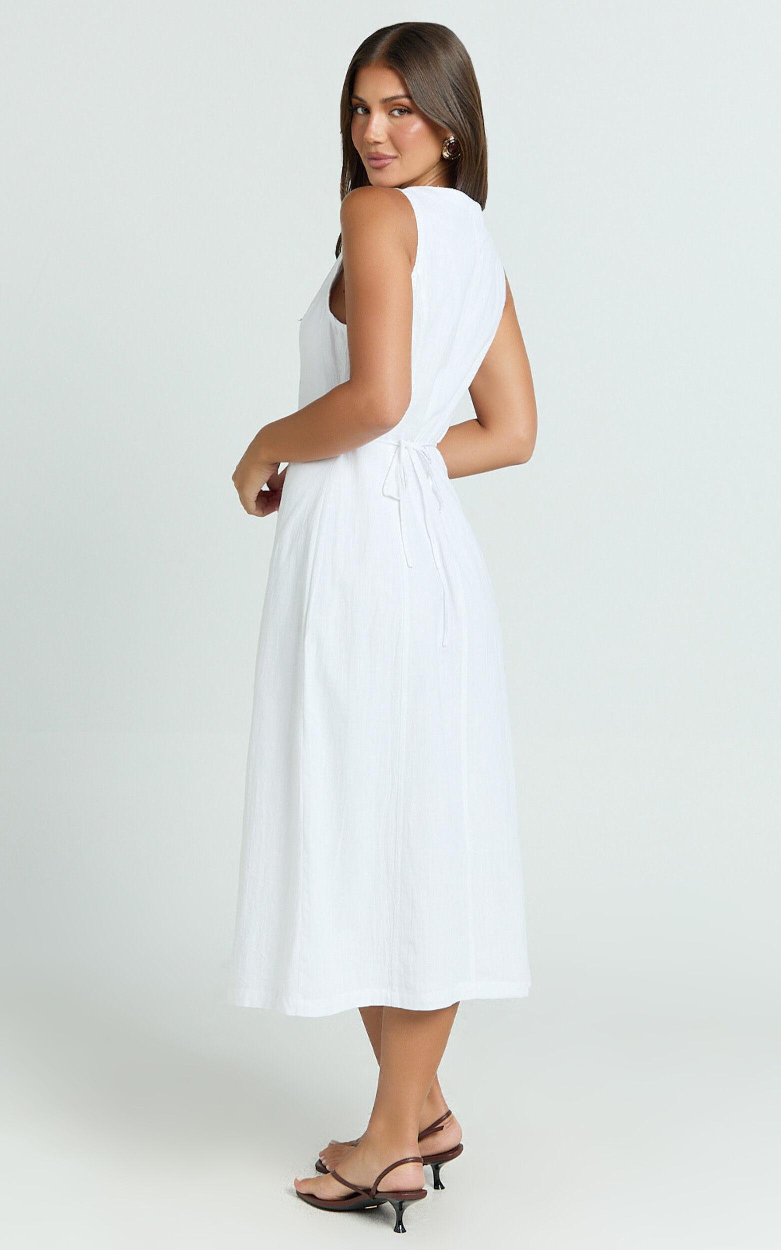 Juliet Midi Dress - Button Through V Neck Dress in White Product Image