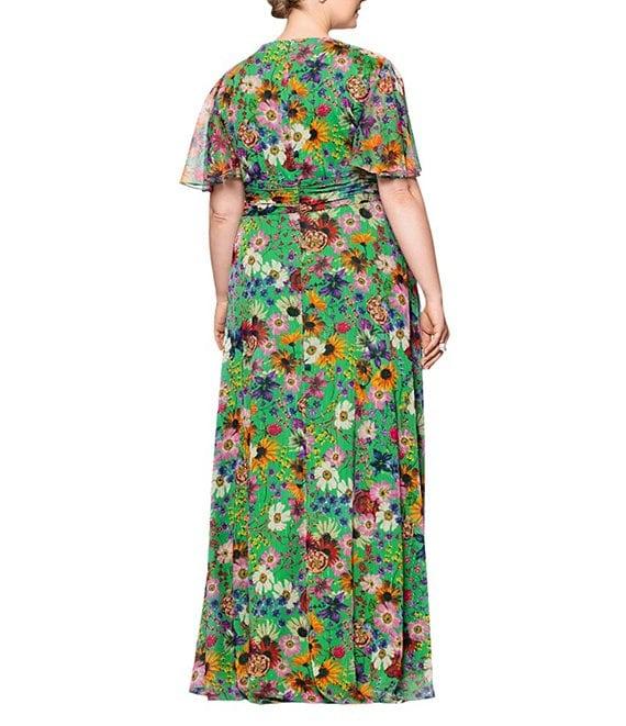Betsy & Adam Plus Size V-Neck Short Flutter Sleeve Floral Chiffon Dress Product Image