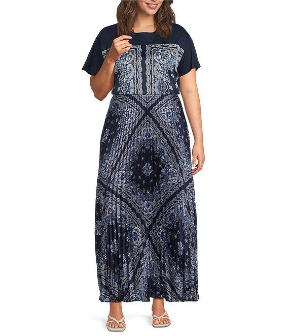 Skies Are Blue Plus Size Scarf Print Crew Neck Short Sleeve Mixed Media Top Product Image