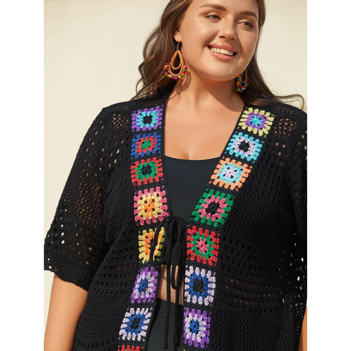 Plus Size Crocheted Cut-Out Tied Swim Cover-Up Women's Swimwear Black Beach Loose Texture Curve Swim Cover Ups BloomChic 28/5X Product Image