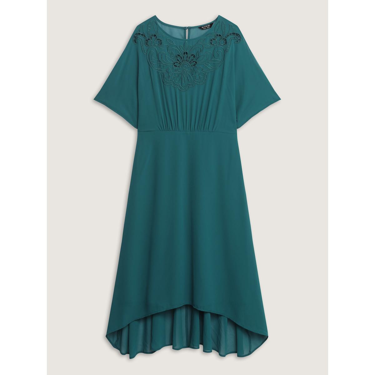 Plus Size Two-Piece Embroidered Cut Out Midi Dress Teal Women Party&Cocktail Round Neck Half Sleeve Curvy BloomChic 26/4X Product Image