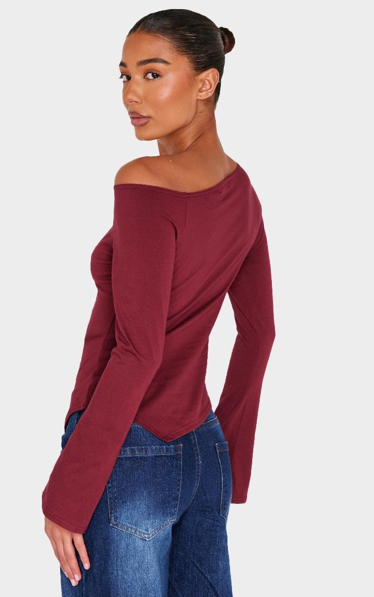 Burgundy Cotton Ruched Side Long Sleeve Top Product Image